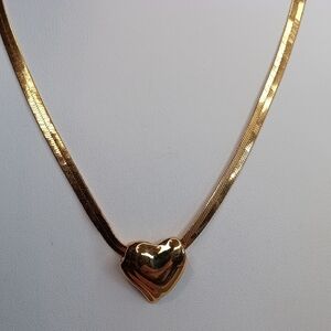 Gold Tone Heart Flat Herringbone Necklace Vintage 18" Long Korea